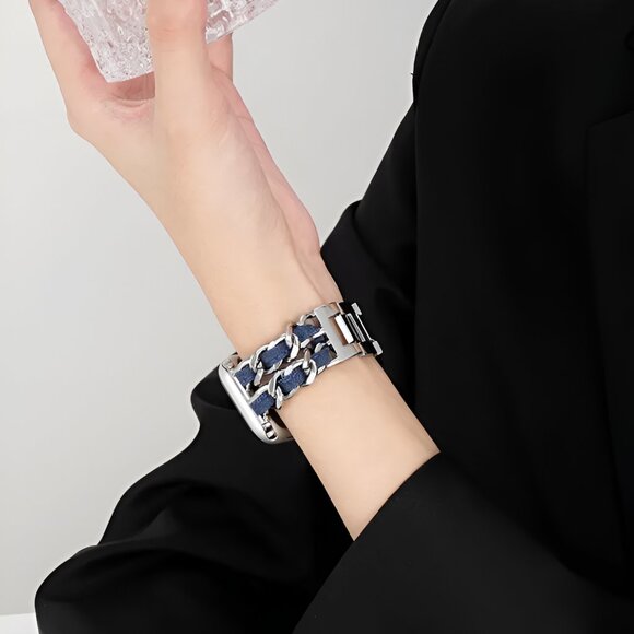 NEW Luxury Adjustable Stylish Strap Silver Stainless Chain Denim For Apple Watch - Picture 6 of 7